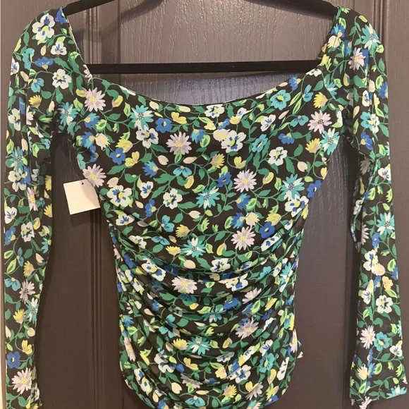 AFRM Long Sleeve Off The Shoulder Top | Teal Vine Green Floral | Medium | NWT - Picture 3 of 4